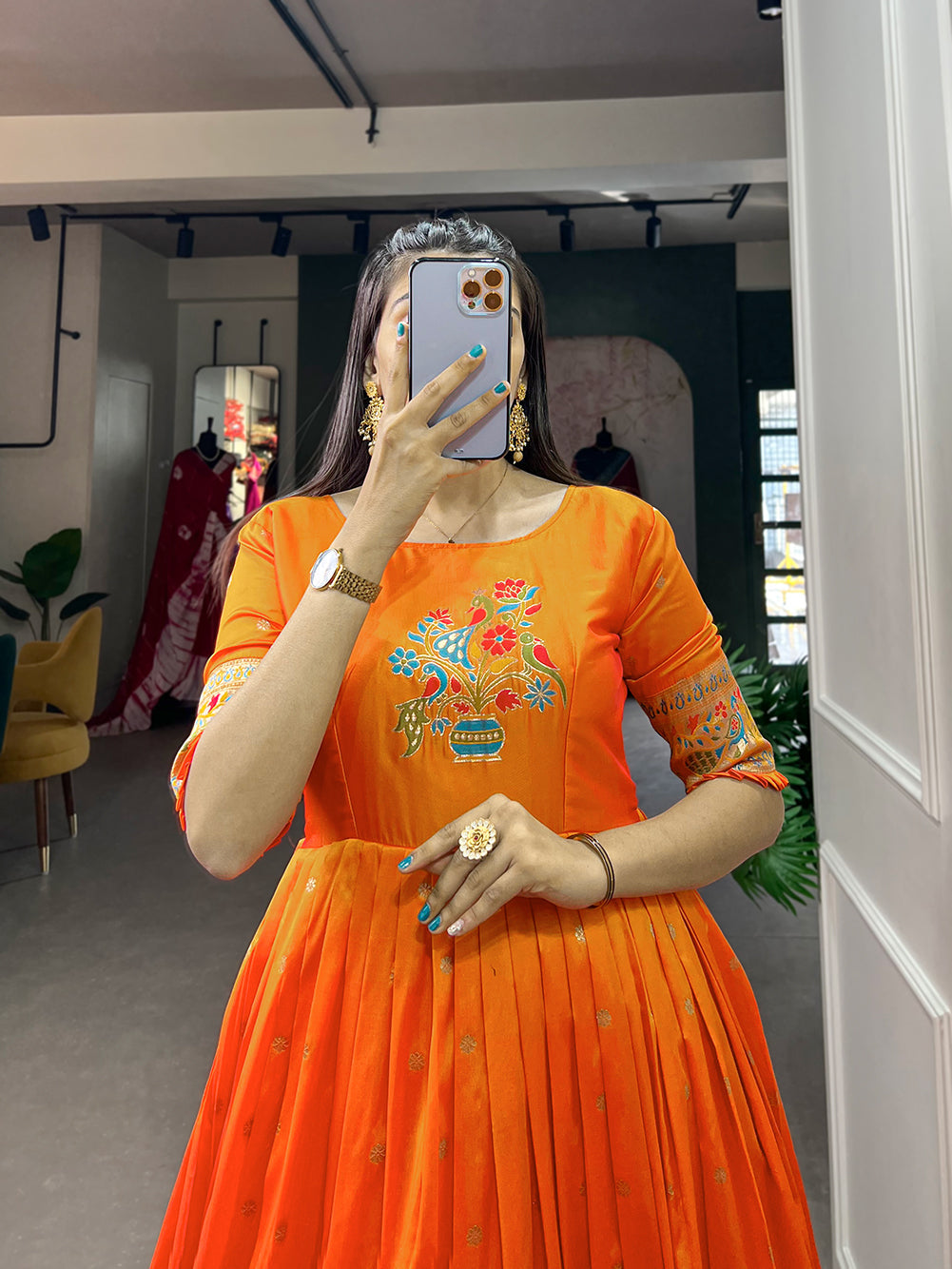 Lorenvalley Orange Jacquard Silk Paithani Woven Design Gown | Grocsy