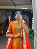 Lorenvalley Orange Jacquard Silk Paithani Woven Design Gown with Dupatta | Grocsy