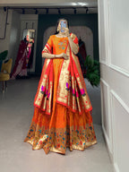 Lorenvalley Orange Jacquard Silk Paithani Woven Design Gown with Dupatta | Grocsy