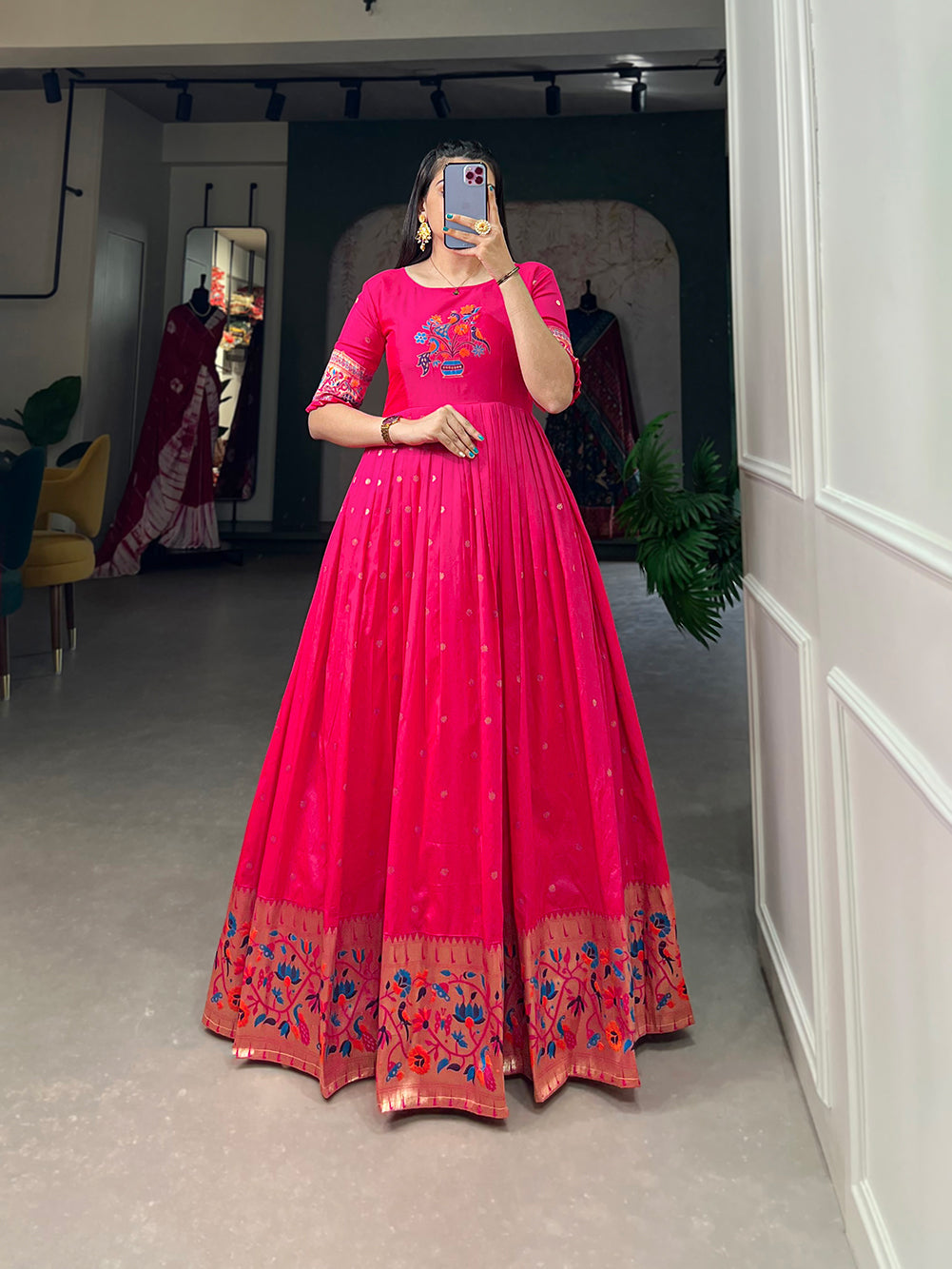 Lorenvalley Pink Jacquard Silk Paithani Woven Design Gown | Grocsy