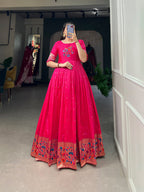 Lorenvalley Pink Jacquard Silk Paithani Woven Design Gown | Grocsy