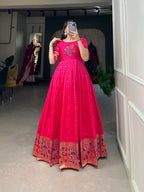Lorenvalley Pink Jacquard Silk Paithani Woven Design Gown | Grocsy