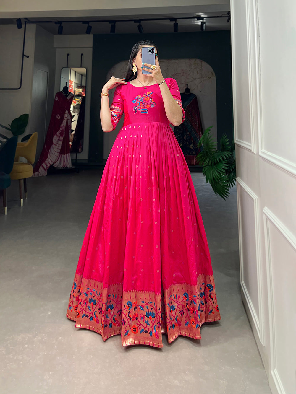 Lorenvalley Pink Jacquard Silk Paithani Woven Design Gown | Grocsy