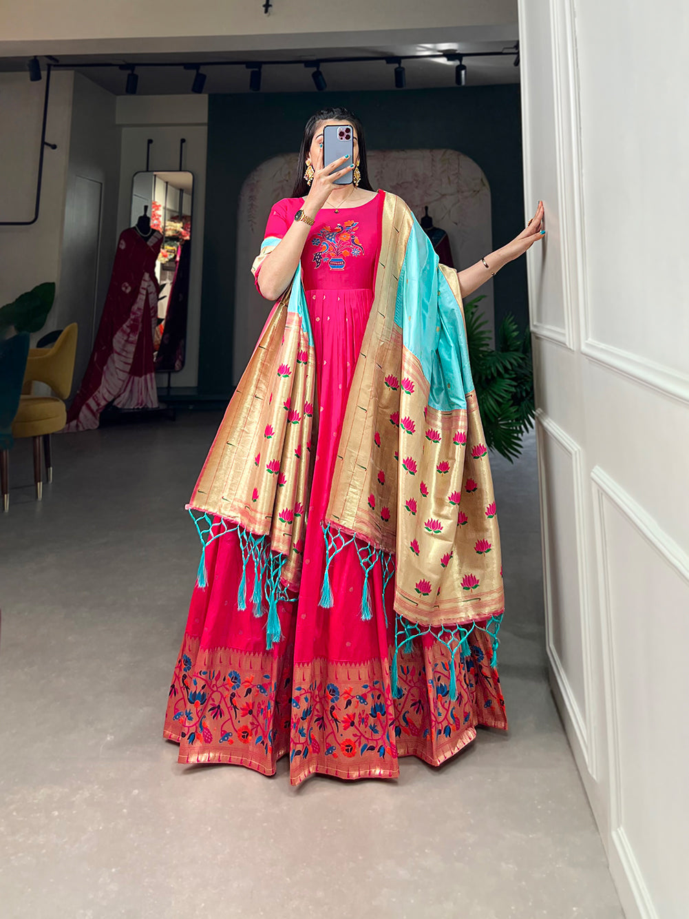 Lorenvalley Pink Jacquard Silk Paithani Woven Design Gown with Dupatta | Grocsy
