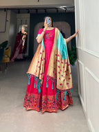 Lorenvalley Pink Jacquard Silk Paithani Woven Design Gown with Dupatta | Grocsy