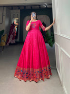 Lorenvalley Pink Jacquard Silk Paithani Woven Design Gown | Grocsy
