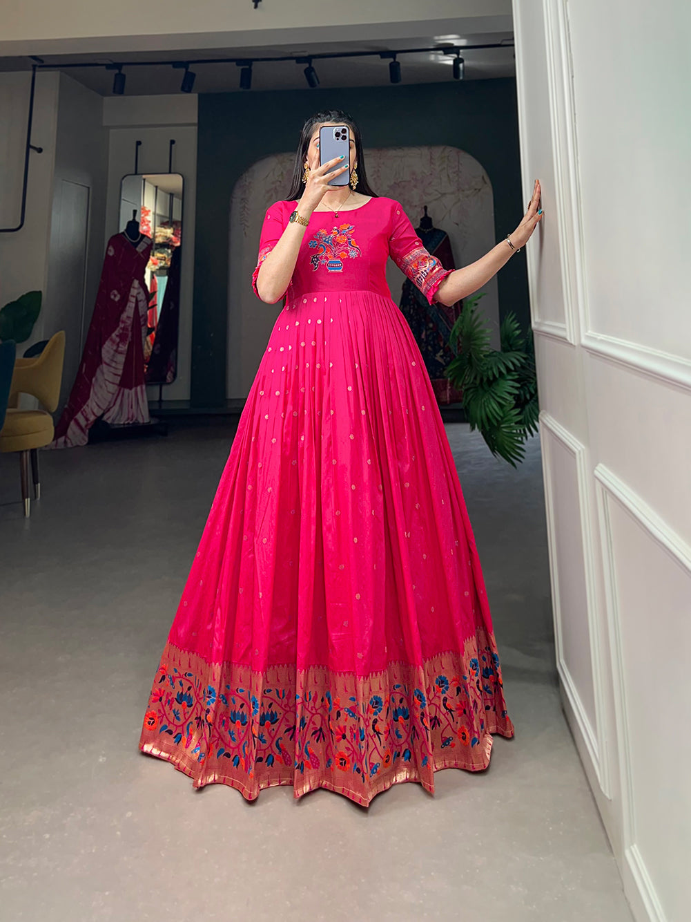 Lorenvalley Pink Jacquard Silk Paithani Woven Design Gown | Grocsy