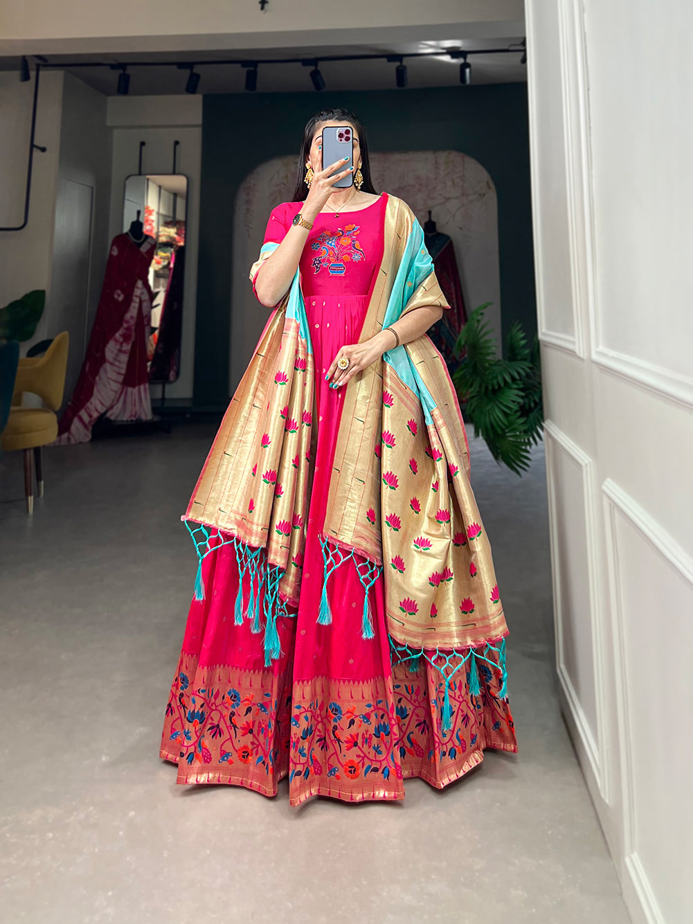 Lorenvalley Pink Jacquard Silk Paithani Woven Design Gown with Dupatta | Grocsy
