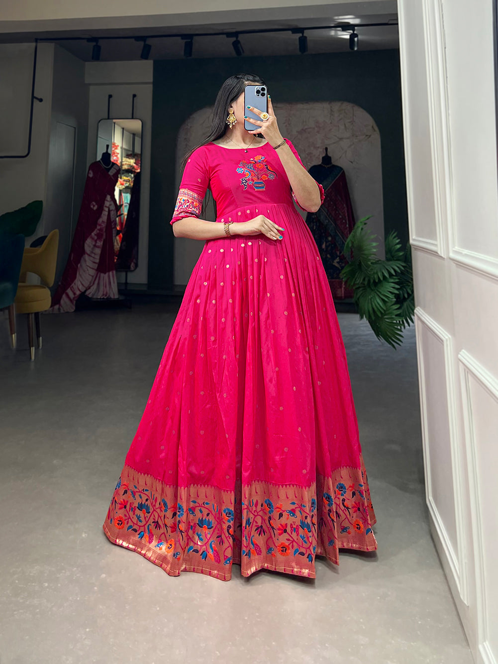 Lorenvalley Pink Jacquard Silk Paithani Woven Design Gown | Grocsy