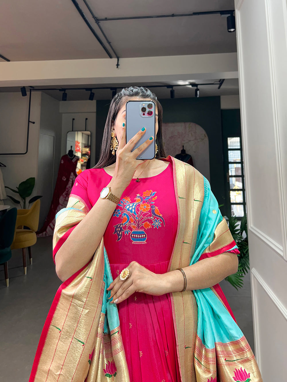 Lorenvalley Pink Jacquard Silk Paithani Woven Design Gown with Dupatta | Grocsy