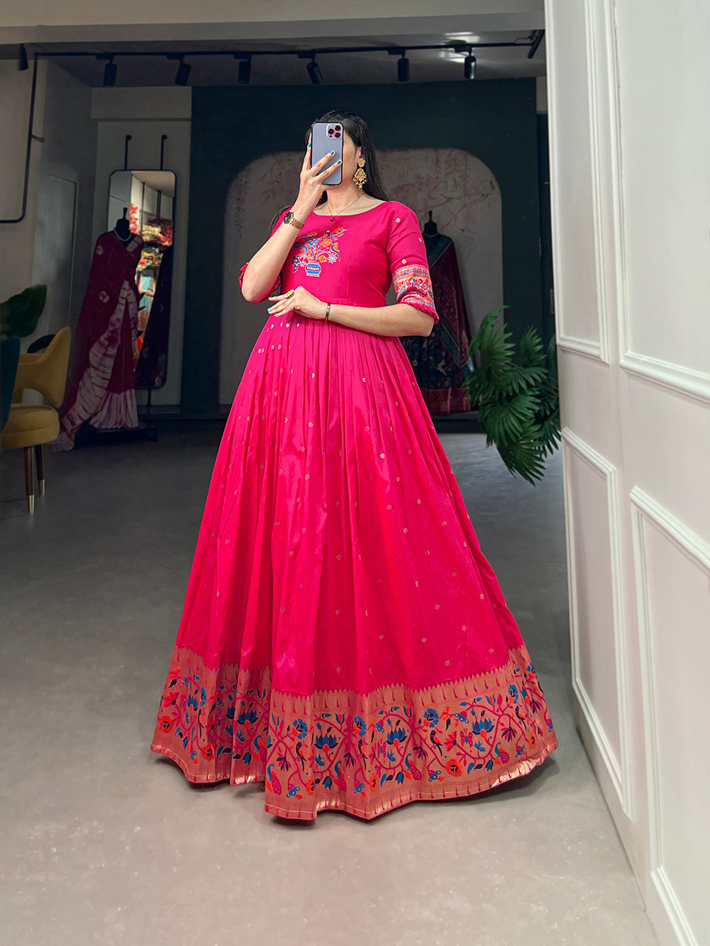 Lorenvalley Pink Jacquard Silk Paithani Woven Design Gown | Grocsy