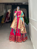 Lorenvalley Pink Jacquard Silk Paithani Woven Design Gown with Dupatta | Grocsy