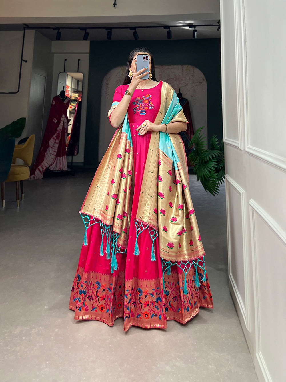 Lorenvalley Pink Jacquard Silk Paithani Woven Design Gown with Dupatta | Grocsy