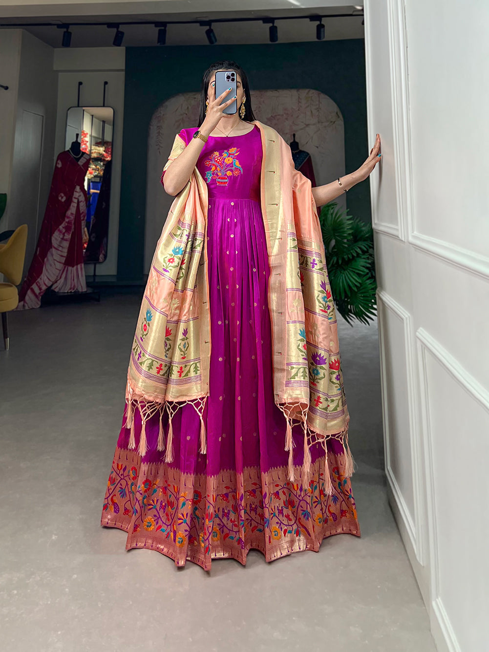 Lorenvalley Purple Jacquard Silk Paithani Woven Design Gown with Dupatta | Grocsy