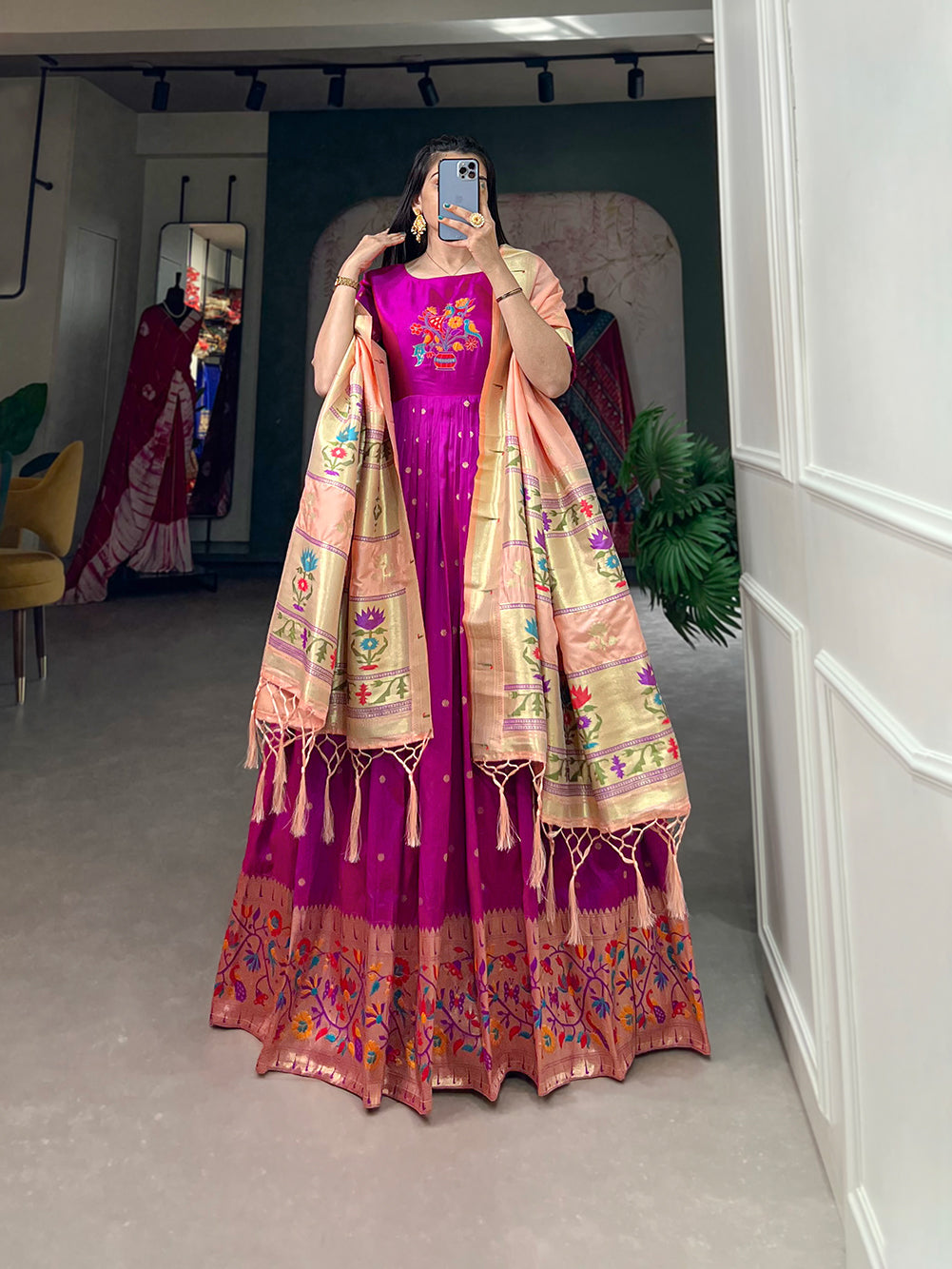 Lorenvalley Purple Jacquard Silk Paithani Woven Design Gown with Dupatta | Grocsy