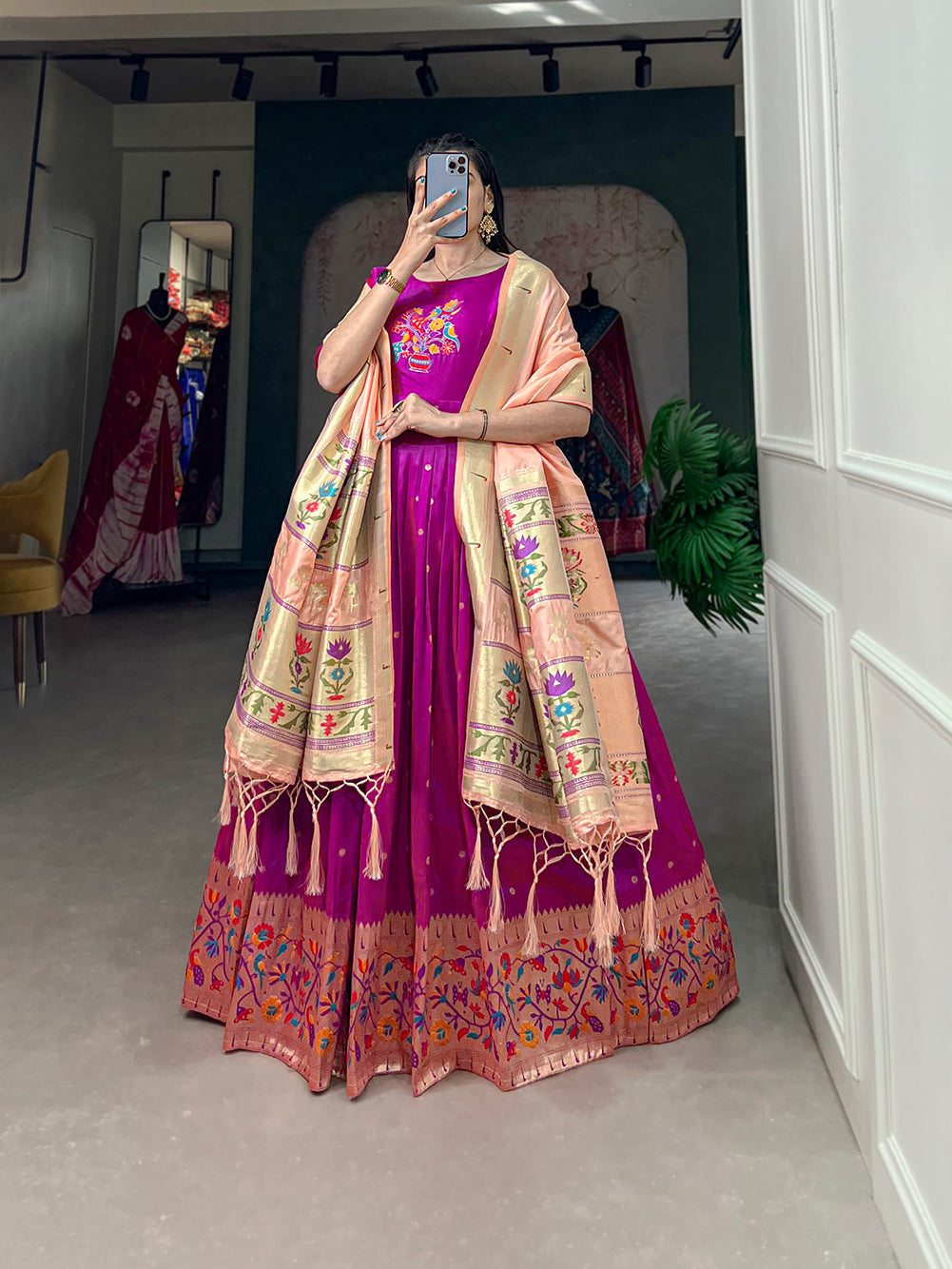 Lorenvalley Purple Jacquard Silk Paithani Woven Design Gown with Dupatta | Grocsy