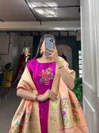 Lorenvalley Purple Jacquard Silk Paithani Woven Design Gown with Dupatta | Grocsy