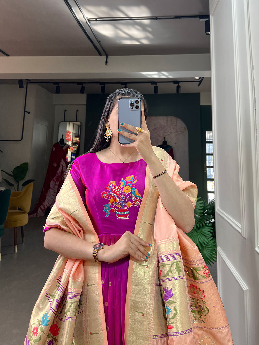 Lorenvalley Purple Jacquard Silk Paithani Woven Design Gown with Dupatta | Grocsy