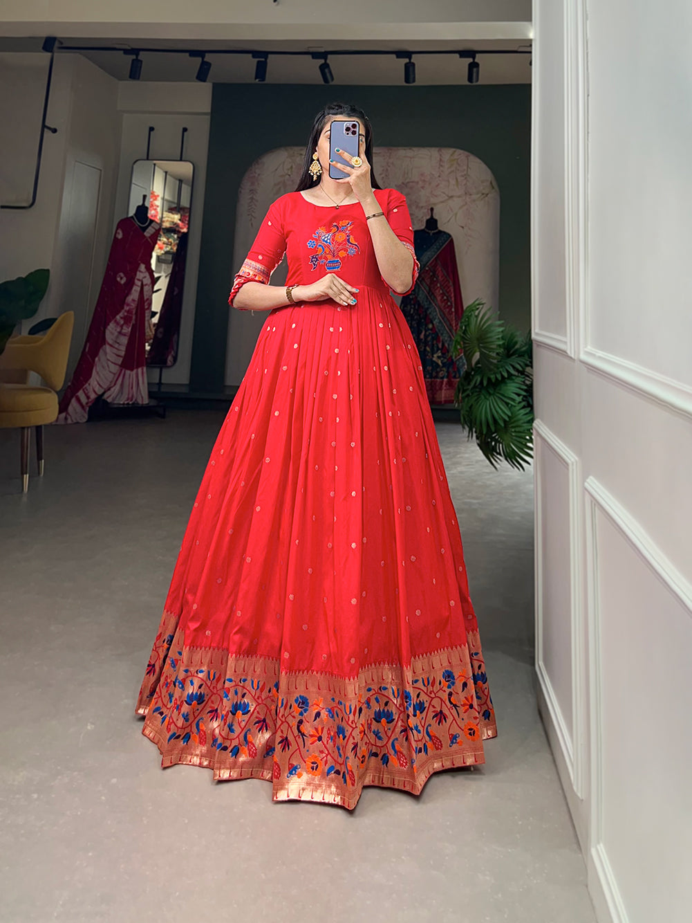 Lorenvalley Red Jacquard Silk Paithani Woven Design Gown | Grocsy