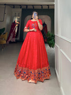 Lorenvalley Red Jacquard Silk Paithani Woven Design Gown | Grocsy