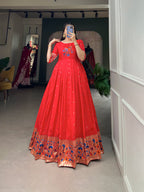 Lorenvalley Red Jacquard Silk Paithani Woven Design Gown | Grocsy