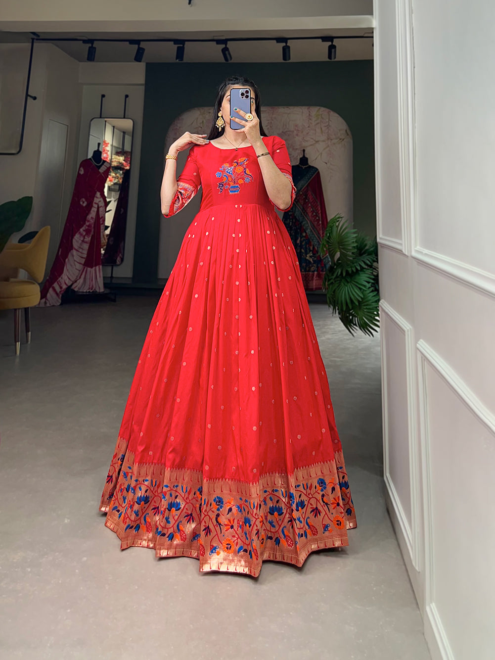 Lorenvalley Red Jacquard Silk Paithani Woven Design Gown | Grocsy