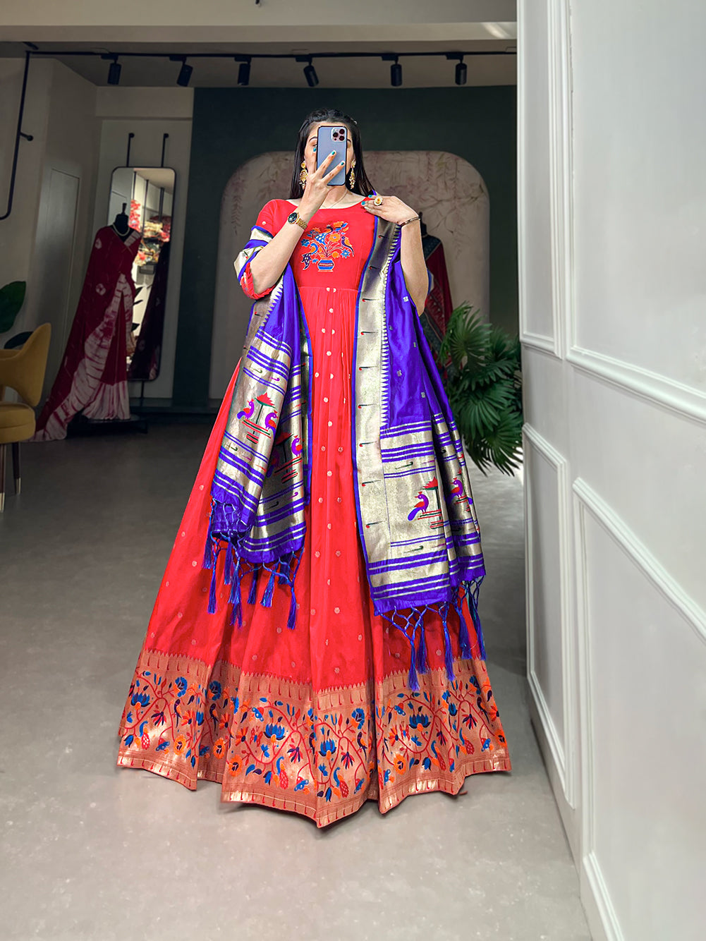 Lorenvalley Red Jacquard Silk Paithani Woven Design Gown with Dupatta | Grocsy