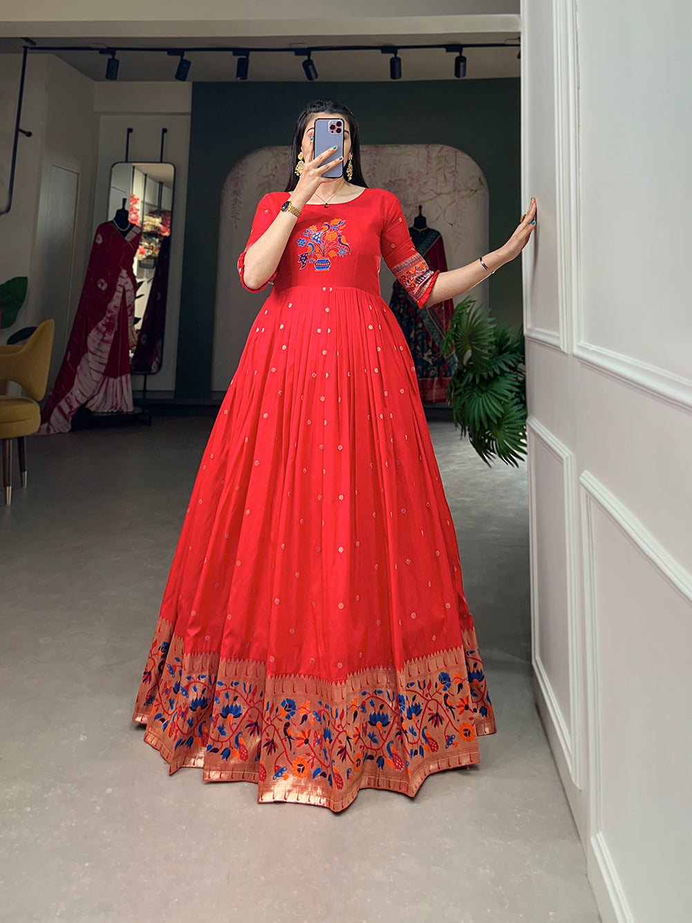 Lorenvalley Red Jacquard Silk Paithani Woven Design Gown | Grocsy