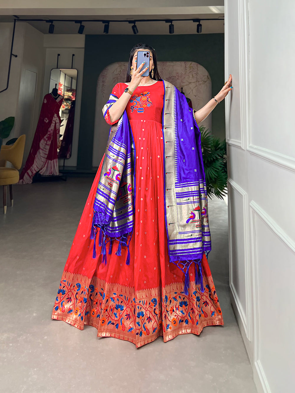 Lorenvalley Red Jacquard Silk Paithani Woven Design Gown with Dupatta | Grocsy
