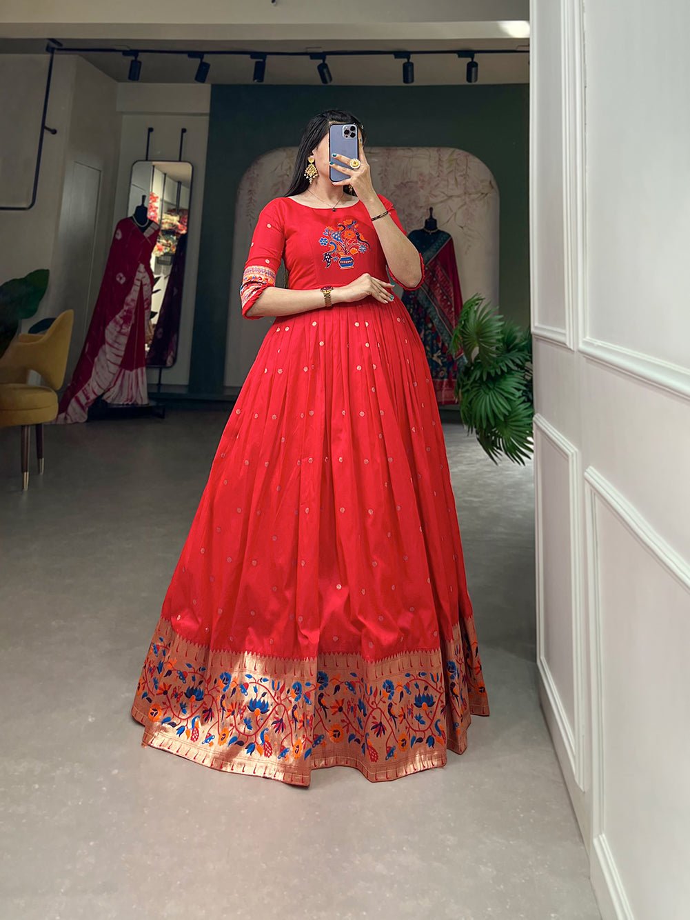 Lorenvalley Red Jacquard Silk Paithani Woven Design Gown | Grocsy