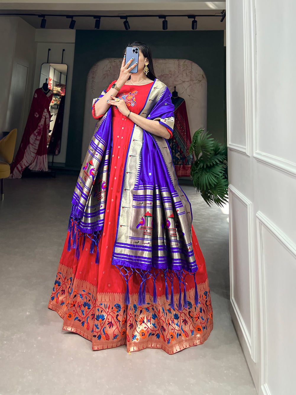 Lorenvalley Red Jacquard Silk Paithani Woven Design Gown with Dupatta | Grocsy