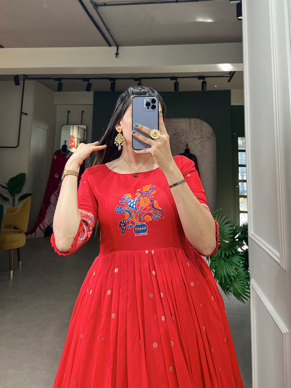 Lorenvalley Red Jacquard Silk Paithani Woven Design Gown | Grocsy