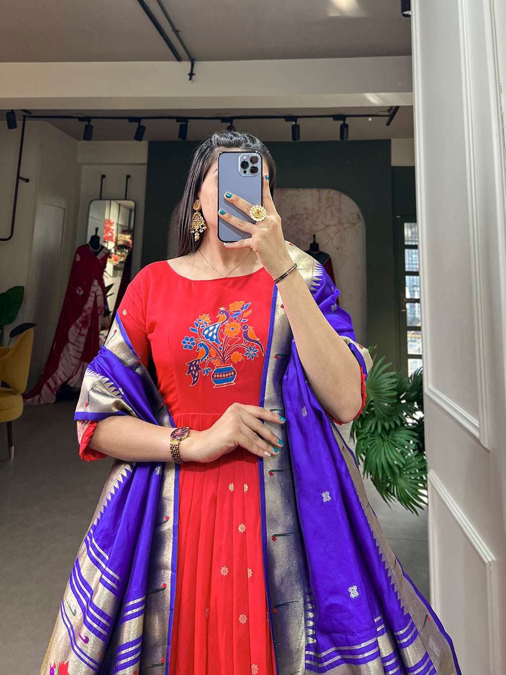 Lorenvalley Red Jacquard Silk Paithani Woven Design Gown with Dupatta | Grocsy