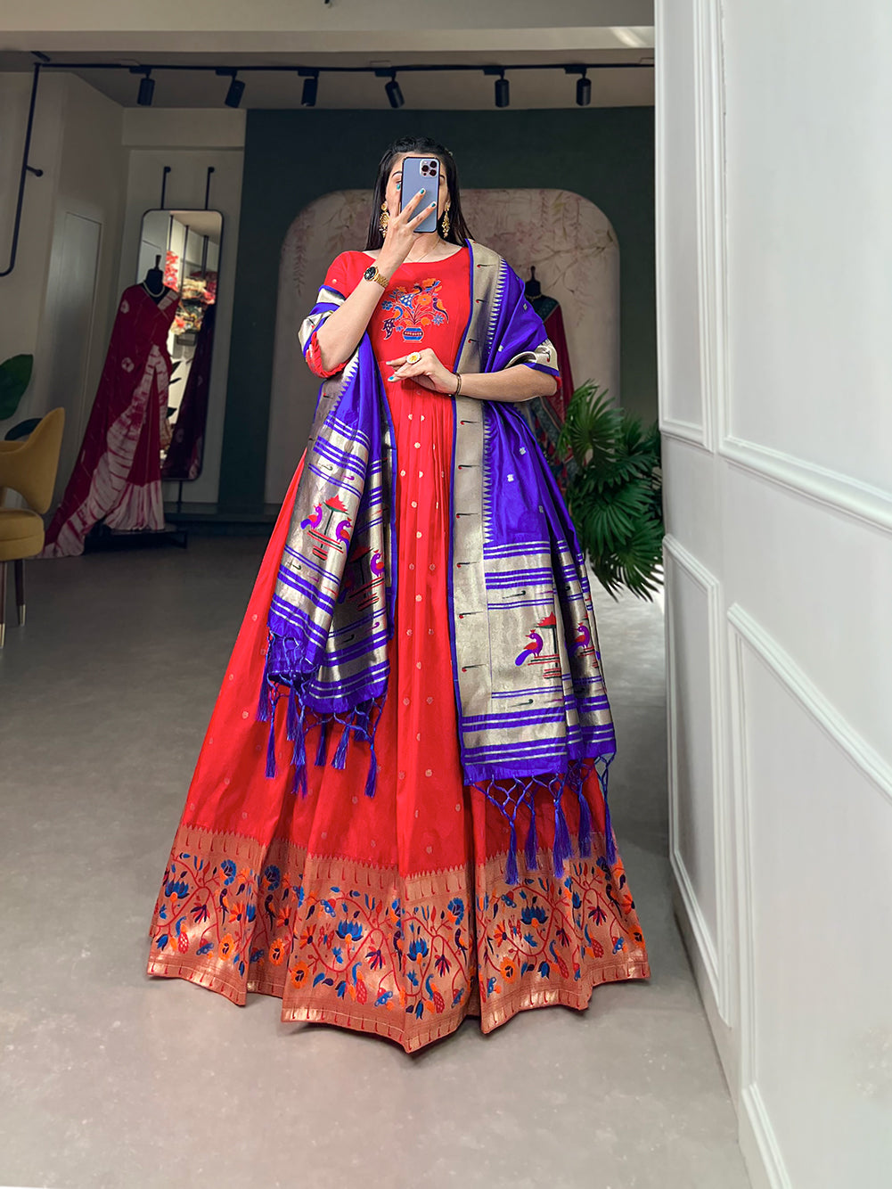 Lorenvalley Red Jacquard Silk Paithani Woven Design Gown with Dupatta | Grocsy