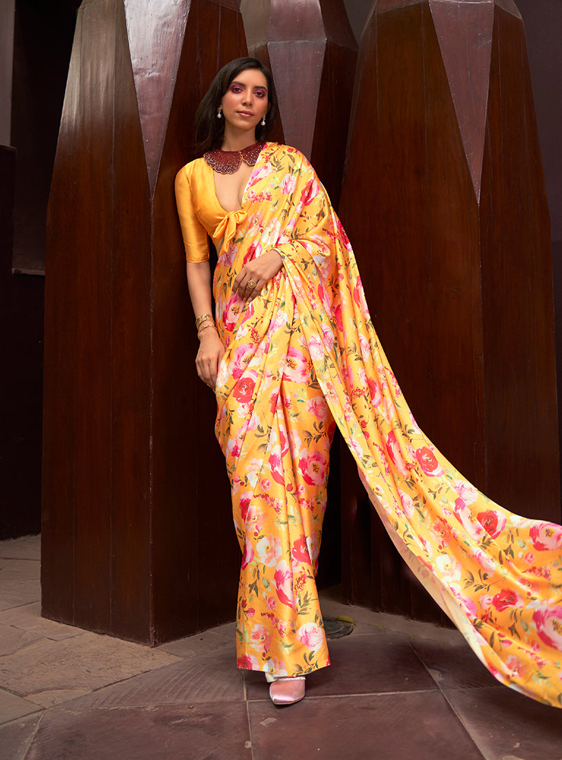 Monjolika Fashion Crepe Satin Digital Print Yellow Trendy Saree | Grocsy