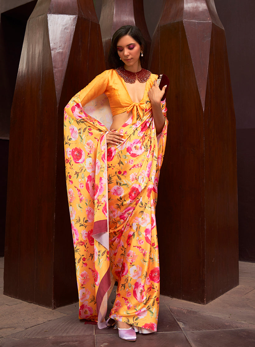 Monjolika Fashion Crepe Satin Digital Print Yellow Trendy Saree | Grocsy