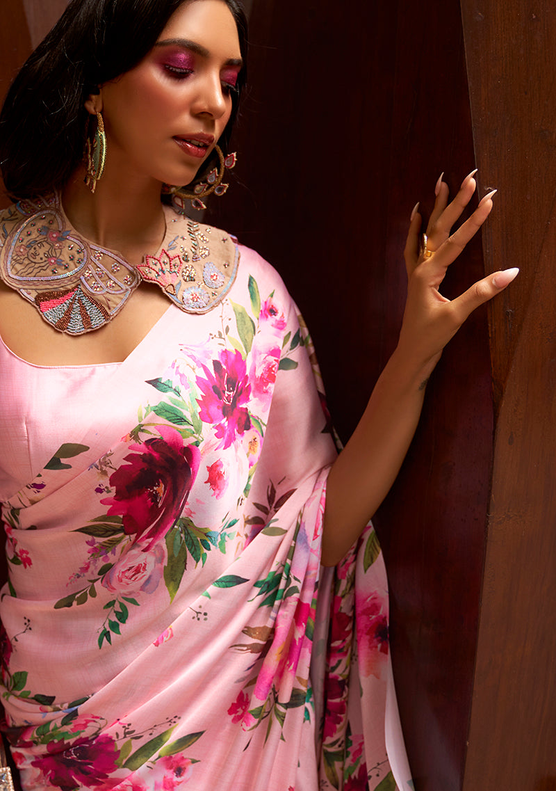 Monjolika Fashion Crepe Satin Digital Print Contemporary Saree In Light Pink Colour | Grocsy