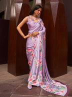 Monjolika Fashion Crepe Satin Digital Print Lavender Trendy Saree | Grocsy