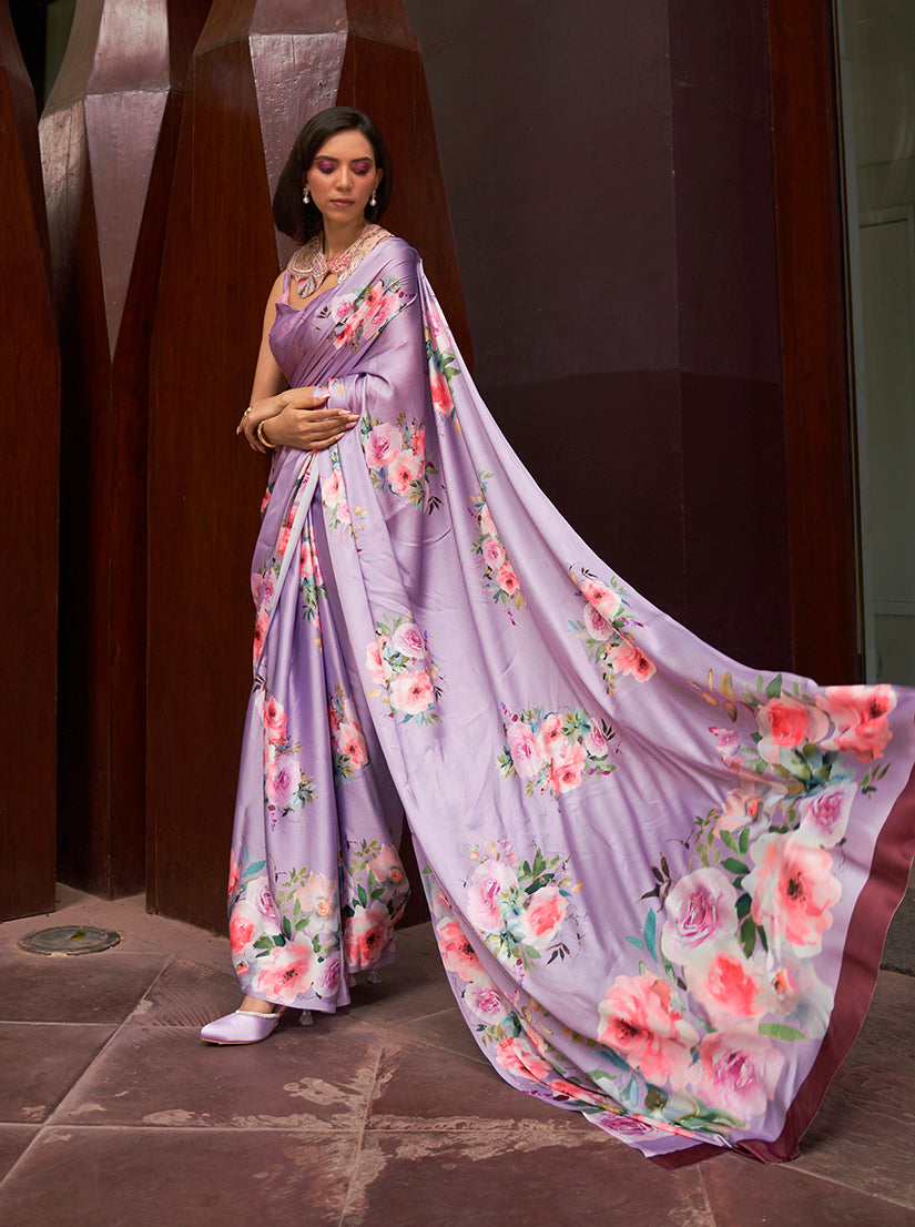 Monjolika Fashion Crepe Satin Digital Print Lavender Trendy Saree | Grocsy