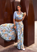 Monjolika Fashion Crepe Satin Digital Print Light Blue Casual Trendy Saree | Grocsy