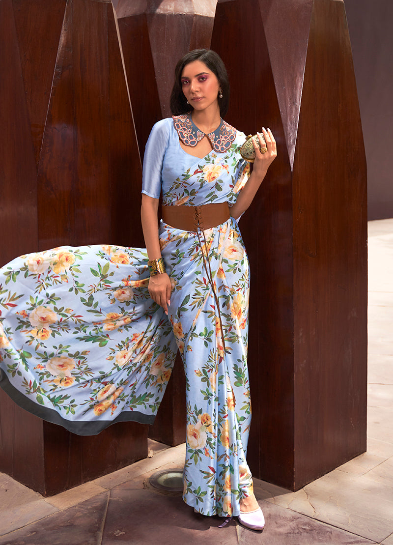 Monjolika Fashion Crepe Satin Digital Print Light Blue Casual Trendy Saree | Grocsy