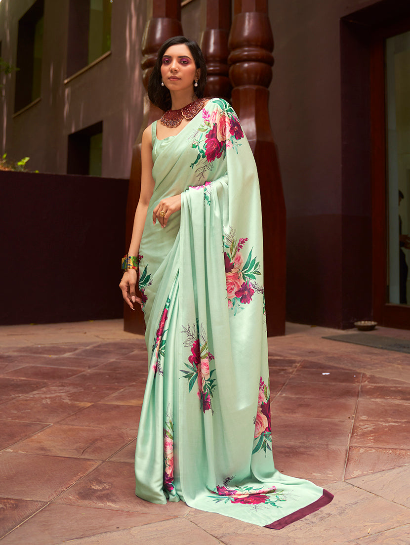 Monjolika Fashion Crepe Satin Digital Print Light Green Trendy Saree | Grocsy