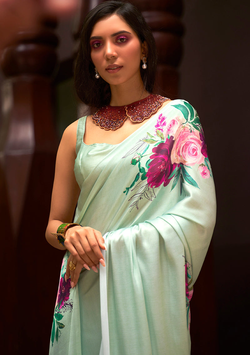 Monjolika Fashion Crepe Satin Digital Print Light Green Trendy Saree | Grocsy