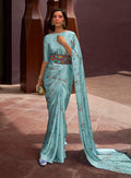 Monjolika Fashion Crepe Satin Digital Print Aqua Blue Trendy Saree | Grocsy