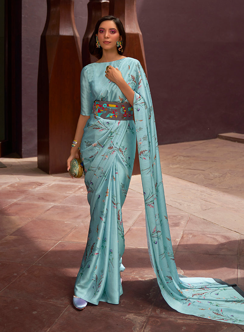Monjolika Fashion Crepe Satin Digital Print Aqua Blue Trendy Saree | Grocsy