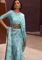 Monjolika Fashion Crepe Satin Digital Print Aqua Blue Trendy Saree | Grocsy