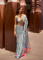 Monjolika Fashion Crepe Satin Digital Print Light Grey Trendy Saree | Grocsy