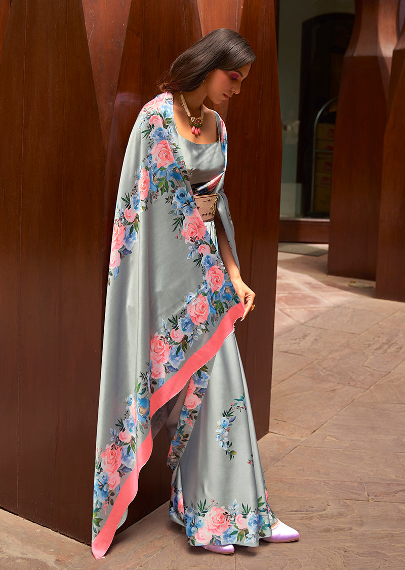 Monjolika Fashion Crepe Satin Digital Print Light Grey Trendy Saree | Grocsy