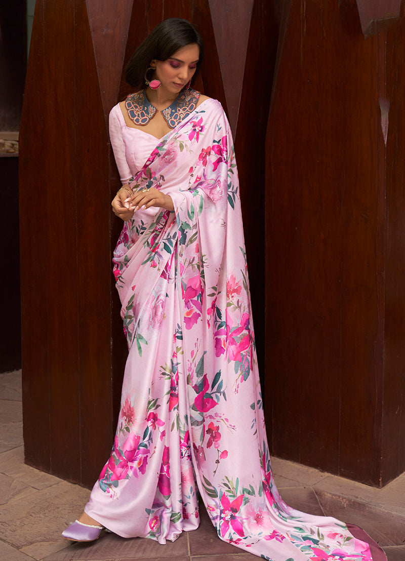 Monjolika Fashion Crepe Satin Digital Print Light Pink Trendy Saree | Grocsy