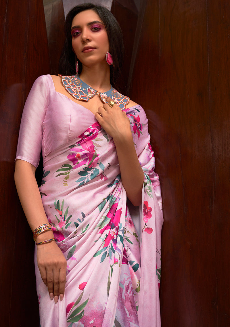 Monjolika Fashion Crepe Satin Digital Print Light Pink Trendy Saree | Grocsy